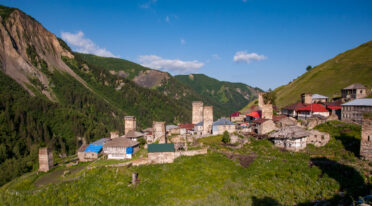 Village of Adishi in the Svaneti region of Georgia. Adishi was largely destroyed by an avalanche in 1987. It now serves as a stop in the popular Mestia to Ushguli trek.