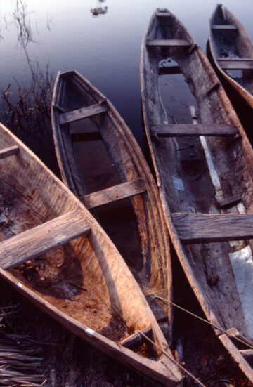 Dugout canoes on the Rio Tahayo, a blackwater tributary of the Amazon River upstream from Iquitos