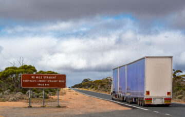 "90 Mile Straight" on Eyre Highway between Balladoniaand Caiguna on Nullarbor Plain of Western Australia. The longest straight stretch of road in Australia and one of the longest in the world. The road stretches for 146.6 kilometres.