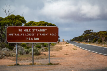 "90 Mile Straight" on Eyre Highway between Balladoniaand Caiguna on Nullarbor Plain of Western Australia. The longest straight stretch of road in Australia and one of the longest in the world. The road stretches for 146.6 kilometres.