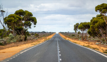 "90 Mile Straight" on Eyre Highway between Balladoniaand Caiguna on Nullarbor Plain of Western Australia. The longest straight stretch of road in Australia and one of the longest in the world. The road stretches for 146.6 kilometres.