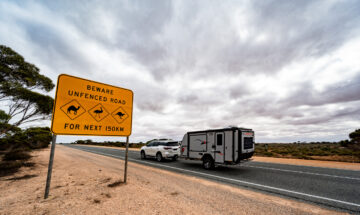 "90 Mile Straight" on Eyre Highway between Balladoniaand Caiguna on Nullarbor Plain of Western Australia. The longest straight stretch of road in Australia and one of the longest in the world. The road stretches for 146.6 kilometres.
