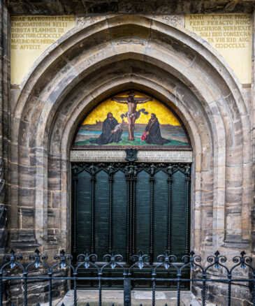 Doors of the All Saints' Church, commonly referred to as Schlosskirche (Castle Church). New metals doors of where Martin Luther allegedly posted his 95 Theses. Wittenberg is the fourth largest town in Saxony-Anhalt, Germany and is situated on the River Elbe. Wittenberg is famous for its close connection with Martin Luther and the Protestant Reformation.