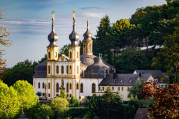 The Käppele ('Little Chapel') or Wallfahrtskirche Mariä Heimsuchung ('Pilgrimage Church of the Visitation of Mary'), located on a hill above Würzburg. Würzburg is a German city in northern Bavaria along the Main River.
