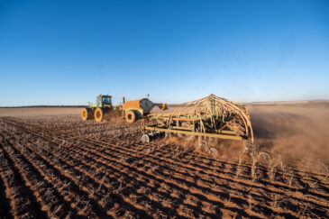 Farmer dry sowing wheat with GPS-guided direct seeder in Kimba, South Australia under dry conditions