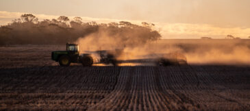 Farmer dry sowing wheat with GPS-guided direct seeder in Kimba, South Australia under dry conditions