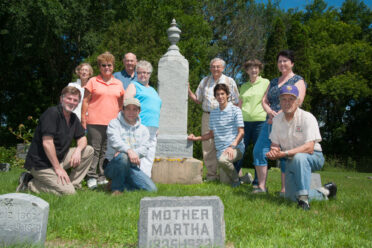 Elk Mound Evergreen Cemetery. Left to right: Mike Major, Nancy Webert, Julie, Maury Webert, Dan Goetz, Sally Webert, La Verne Ausman, Joseph Major, Jean (Webert) Major, Roxanne Mikkelson, Don Goetz.