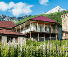 Homes in Adishi, a village in the Svaneti region of Georgia. A medieval watchtower looms on the right with Mt Tetnuldi visible in the background.
