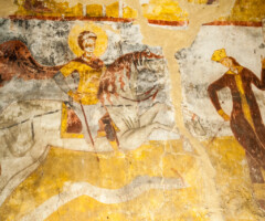 Fresco inside the chapel of St George in village of Adishi in Svaneti, Georgia. The frescos depict the life of St George.