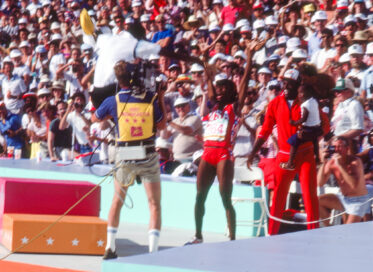 Valerie Brisco-Hook's coach flies across the track to congratulate her (sorry too fast for me to focus but the feeling is still there)