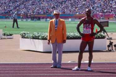 Greg Foster waiting for official results of the 110 m high hurdles. He was the odd-on favourite going into the final but lost out to Roger Kingdom.
