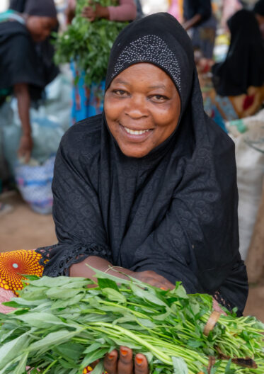 Sale of sweetpotato leaves and other leafy vegetables at morning market in Singida, Tanzania.
Photo: Michael Major for Crop Trust