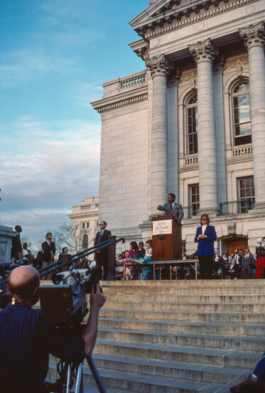 Presidential campaign stop for Jesse Jackson at State Capitol, Madison, Wisconsin. 4 April 1988.