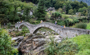 Ponte dei Salti, a 17th century double arch bridge, in the village of Lavertezzo in the Verzasca Valley of the Swiss canton of Ticino.