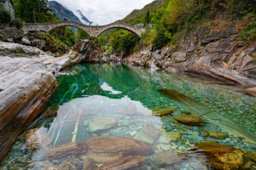 Ponte dei Salti, a 17th century double arch bridge, in the village of Lavertezzo in the Verzasca Valley of the Swiss canton of Ticino.