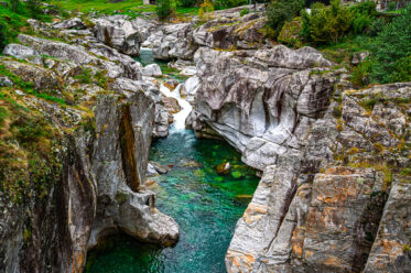 Ponte dei Salti, a 17th century double arch bridge, in the village of Lavertezzo in the Verzasca Valley of the Swiss canton of Ticino.