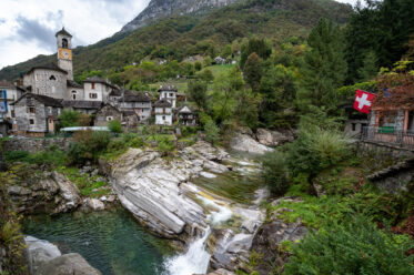 Ponte dei Salti, a 17th century double arch bridge, in the village of Lavertezzo in the Verzasca Valley of the Swiss canton of Ticino.